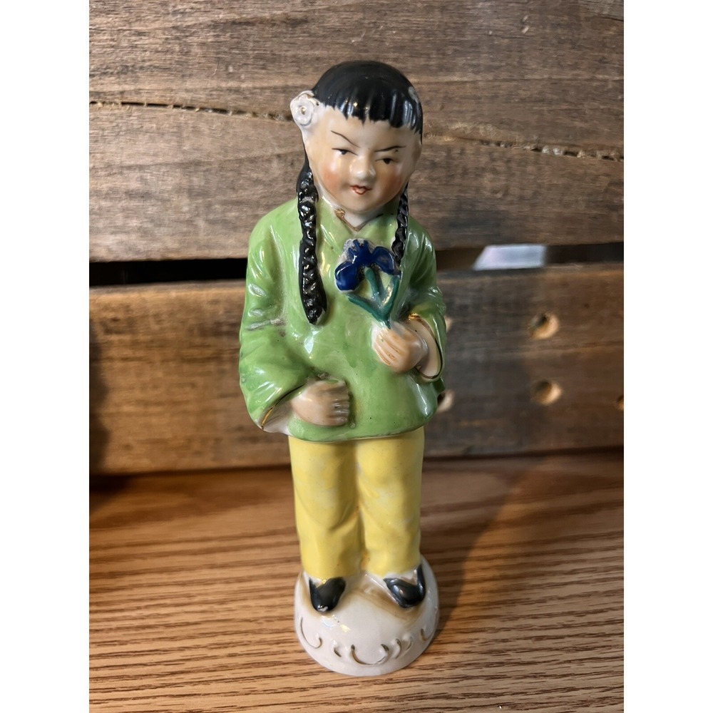 VTG ADORABLE OCCUPIED JAPAN Girl with Pig Tails Holding Blue FLOWER FIGURINE